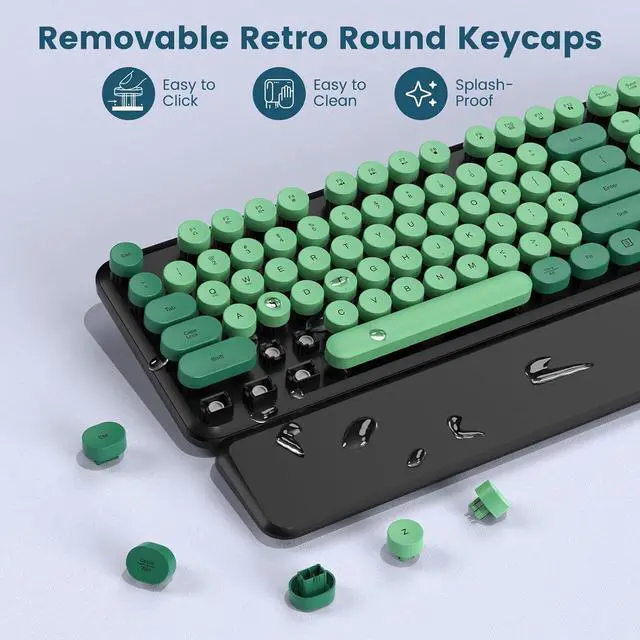 Alt view image 6 of 7 - Wireless Keyboard and Mouse Combo-Round Keycaps, Full-Size Retro Typewriter Keyboard with Detachable Wrist Rest, Sleep Mode & Tilt Legs, 2.4GHz Cordless Connection for Mac/Windows/PC (Black & Green)