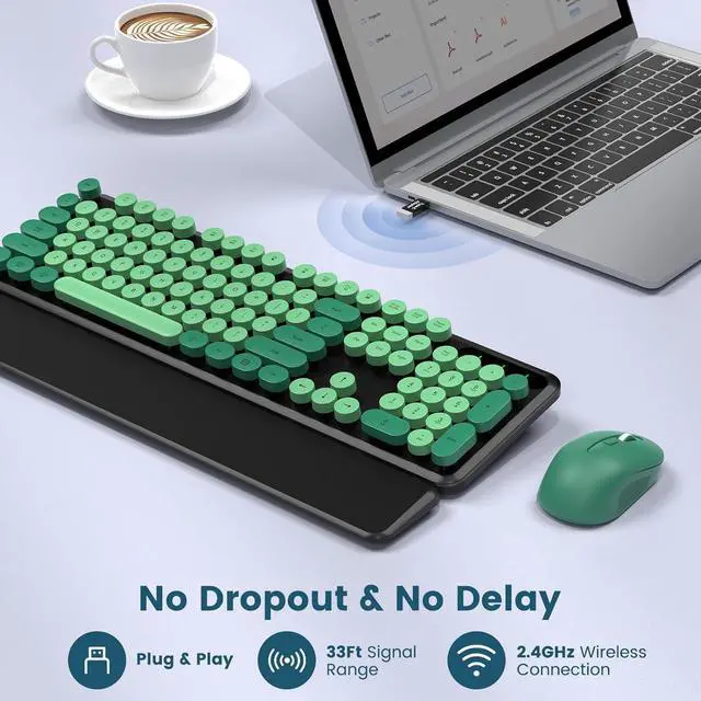 Alt view image 7 of 7 - Wireless Keyboard and Mouse Combo-Round Keycaps, Full-Size Retro Typewriter Keyboard with Detachable Wrist Rest, Sleep Mode & Tilt Legs, 2.4GHz Cordless Connection for Mac/Windows/PC (Black & Green)