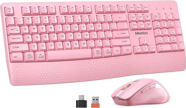 Main image of MEETION Wireless Keyboard and Mouse, Computer Full-Sized Keyboard, 3 DPI Adjustable Mouse, USB A and USB C Adapter Cordless Keyboard with Wrist Rest for PC/Computer/Laptop/Windows/Mac, PK