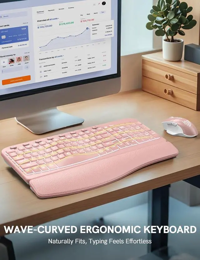 Alt view image 4 of 7 - SABLUTE Ergonomic Wireless Keyboard and Mouse Combo - Wave Keyboard with Soft Leather Wrist Rest, Resistant Keys, RGB Backlit Rechargeable Set for PC/Mac/Chromebook (Pink)