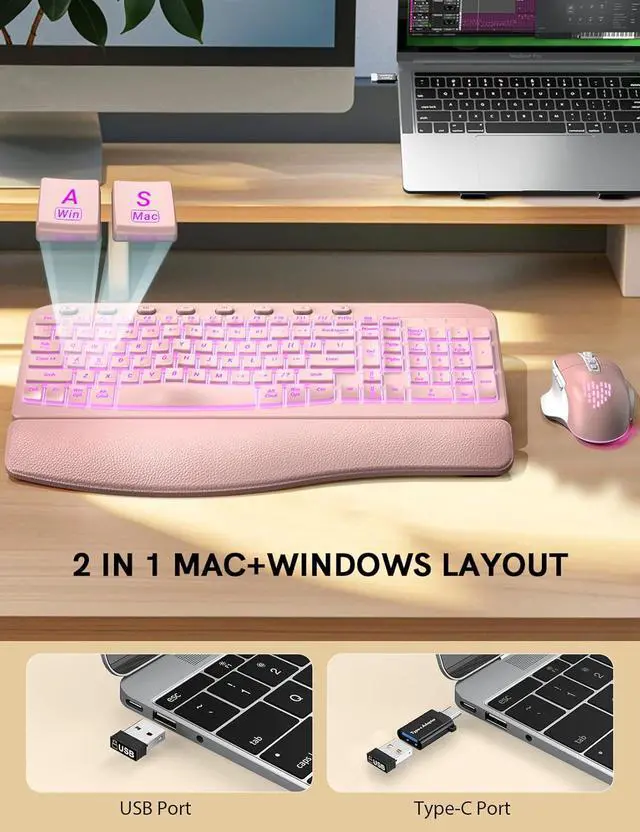 Alt view image 5 of 7 - SABLUTE Ergonomic Wireless Keyboard and Mouse Combo - Wave Keyboard with Soft Leather Wrist Rest, Resistant Keys, RGB Backlit Rechargeable Set for PC/Mac/Chromebook (Pink)