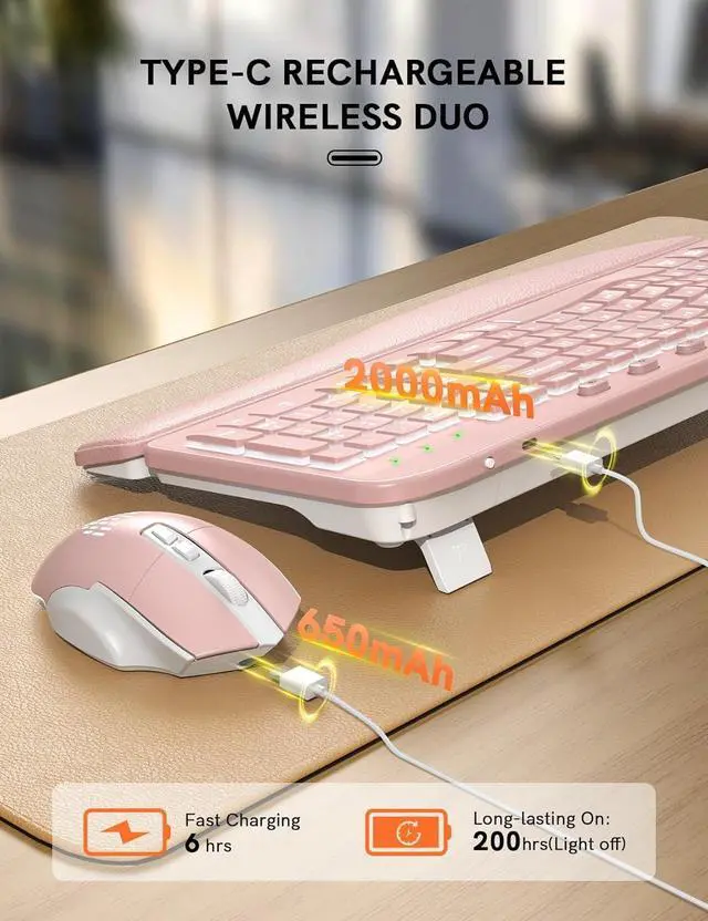 Alt view image 6 of 7 - SABLUTE Ergonomic Wireless Keyboard and Mouse Combo - Wave Keyboard with Soft Leather Wrist Rest, Resistant Keys, RGB Backlit Rechargeable Set for PC/Mac/Chromebook (Pink)