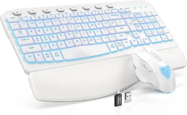 Main image of SABLUTE Ergonomic Wireless Keyboard and Mouse Combo - Wave Keyboard with Soft Leather Wrist Rest, Resistant Keys, RGB Backlit Rechargeable Set for PC/Mac/Chromebook (White)