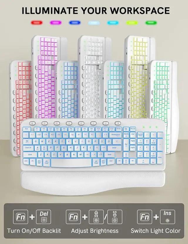 Alt view image 3 of 7 - SABLUTE Ergonomic Wireless Keyboard and Mouse Combo - Wave Keyboard with Soft Leather Wrist Rest, Resistant Keys, RGB Backlit Rechargeable Set for PC/Mac/Chromebook (White)