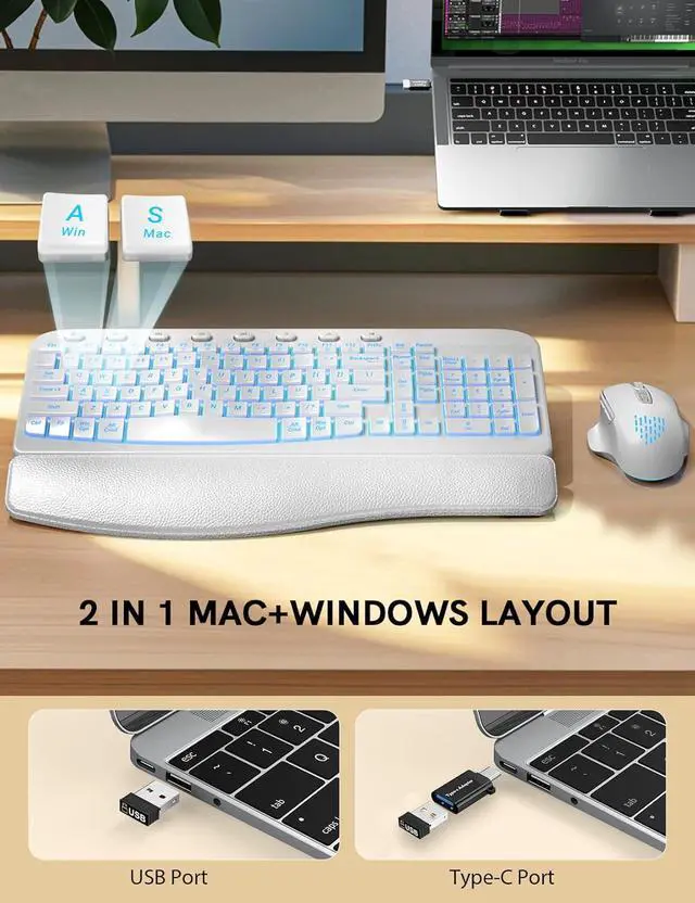 Alt view image 5 of 7 - SABLUTE Ergonomic Wireless Keyboard and Mouse Combo - Wave Keyboard with Soft Leather Wrist Rest, Resistant Keys, RGB Backlit Rechargeable Set for PC/Mac/Chromebook (White)