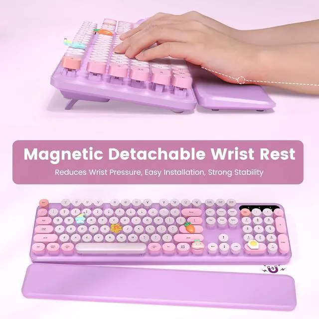 Alt view image 2 of 7 - Wireless Keyboard and Mouse Combo-Round Keycaps, Full-Size Retro Typewriter Keyboard with Detachable Wrist Rest, Sleep Mode & Tilt Legs, 2.4GHz Cordless Connection for Mac/Windows/PC (Lavender Purple)