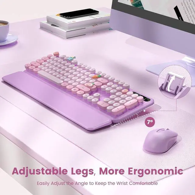 Alt view image 3 of 7 - Wireless Keyboard and Mouse Combo-Round Keycaps, Full-Size Retro Typewriter Keyboard with Detachable Wrist Rest, Sleep Mode & Tilt Legs, 2.4GHz Cordless Connection for Mac/Windows/PC (Lavender Purple)