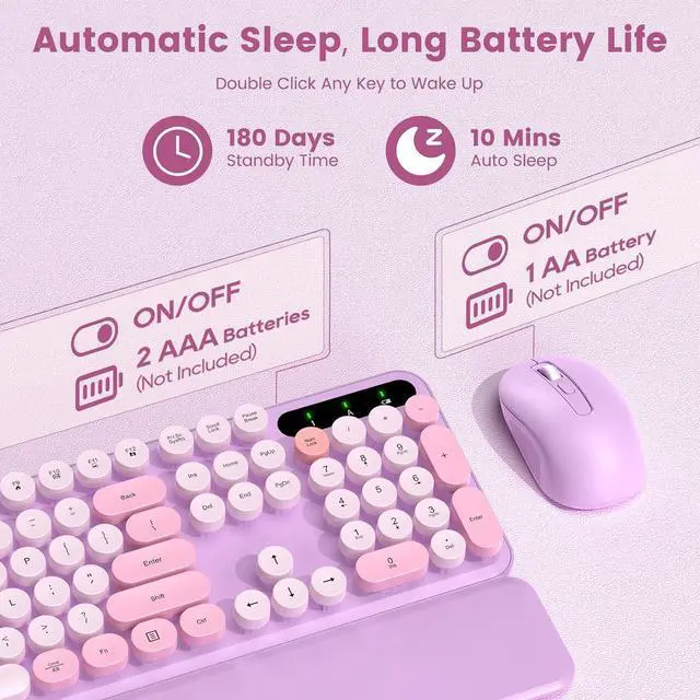 Alt view image 4 of 7 - Wireless Keyboard and Mouse Combo-Round Keycaps, Full-Size Retro Typewriter Keyboard with Detachable Wrist Rest, Sleep Mode & Tilt Legs, 2.4GHz Cordless Connection for Mac/Windows/PC (Lavender Purple)
