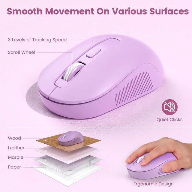 Alt view image 5 of 7 - Wireless Keyboard and Mouse Combo-Round Keycaps, Full-Size Retro Typewriter Keyboard with Detachable Wrist Rest, Sleep Mode & Tilt Legs, 2.4GHz Cordless Connection for Mac/Windows/PC (Lavender Purple)