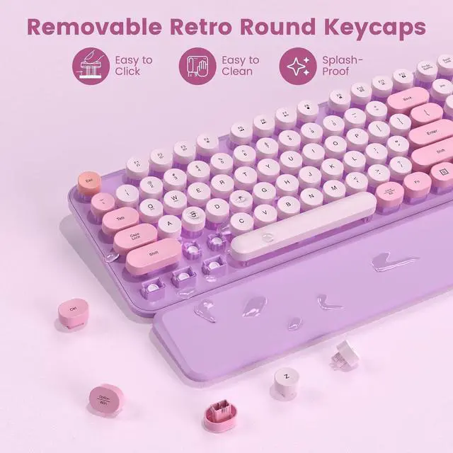 Alt view image 6 of 7 - Wireless Keyboard and Mouse Combo-Round Keycaps, Full-Size Retro Typewriter Keyboard with Detachable Wrist Rest, Sleep Mode & Tilt Legs, 2.4GHz Cordless Connection for Mac/Windows/PC (Lavender Purple)