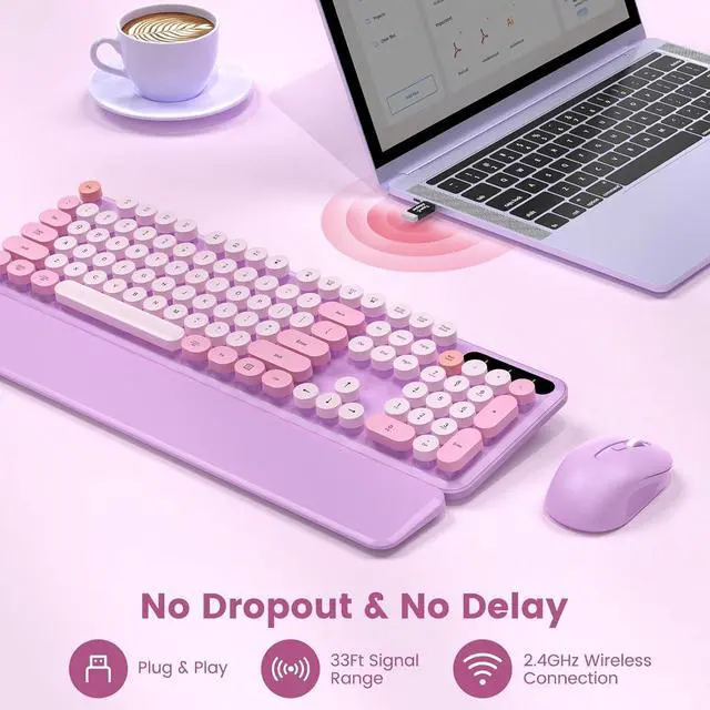 Alt view image 7 of 7 - Wireless Keyboard and Mouse Combo-Round Keycaps, Full-Size Retro Typewriter Keyboard with Detachable Wrist Rest, Sleep Mode & Tilt Legs, 2.4GHz Cordless Connection for Mac/Windows/PC (Lavender Purple)