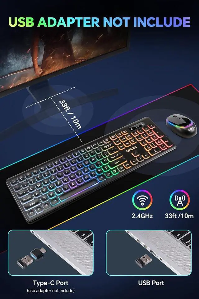 Alt view image 3 of 6 - Wireless Keyboard and Mouse CHONCHOW Rechargeable LED Combo RGB Backlit Keypad Silent USB 2.4g Mini Mice Big Battery for Work Gaming Compatible with Windows Mac Linux with User Manual W300