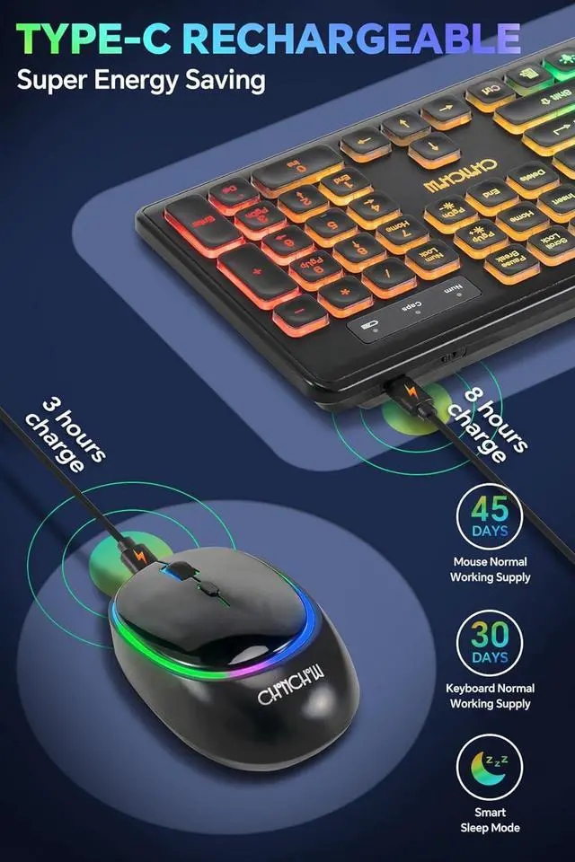 Alt view image 5 of 6 - Wireless Keyboard and Mouse CHONCHOW Rechargeable LED Combo RGB Backlit Keypad Silent USB 2.4g Mini Mice Big Battery for Work Gaming Compatible with Windows Mac Linux with User Manual W300