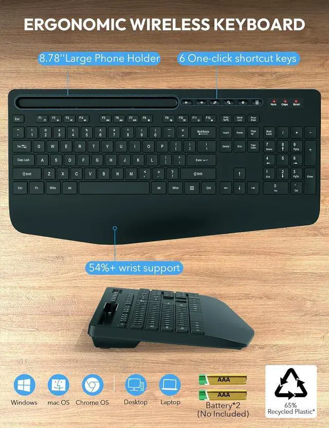 Alt view image 6 of 7 - SABLUTE Wireless Keyboard & Mouse, Wrist Rest, Phone Holder, 2.4G Non-Delay Ergonomic Keyboard, Wireless Mouse Set, Silent Keyboard for Computer, Laptop, Windows (Package