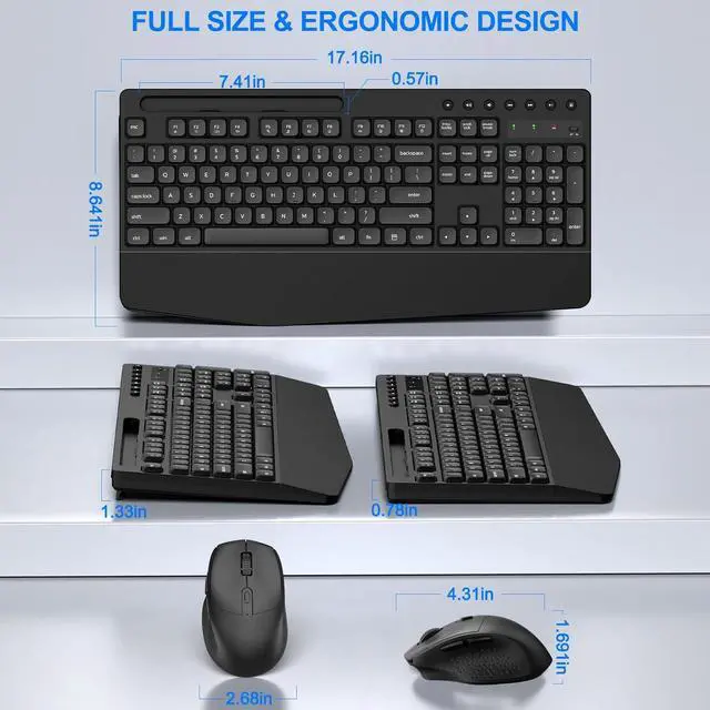 Alt view image 2 of 7 - EDJO Wireless Keyboard and Mouse Combo, Full-Size Ergonomic Wireless Computer Keyboard with Wrist Rest, Phone Holder, Sleep Mode, Comfortable Natural Typing Set for Windows, Laptop, Mac, PC