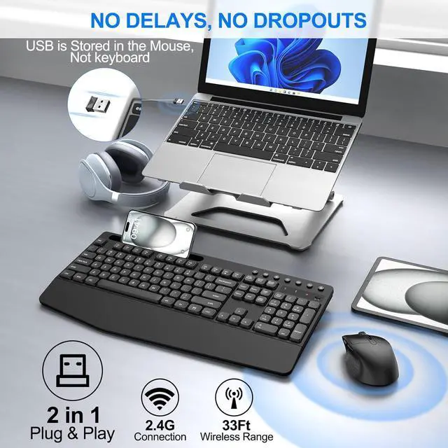 Alt view image 3 of 7 - EDJO Wireless Keyboard and Mouse Combo, Full-Size Ergonomic Wireless Computer Keyboard with Wrist Rest, Phone Holder, Sleep Mode, Comfortable Natural Typing Set for Windows, Laptop, Mac, PC