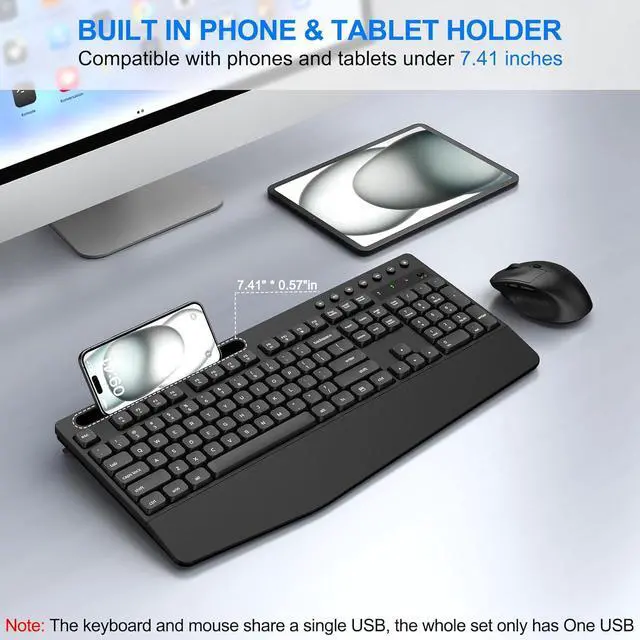 Alt view image 4 of 7 - EDJO Wireless Keyboard and Mouse Combo, Full-Size Ergonomic Wireless Computer Keyboard with Wrist Rest, Phone Holder, Sleep Mode, Comfortable Natural Typing Set for Windows, Laptop, Mac, PC
