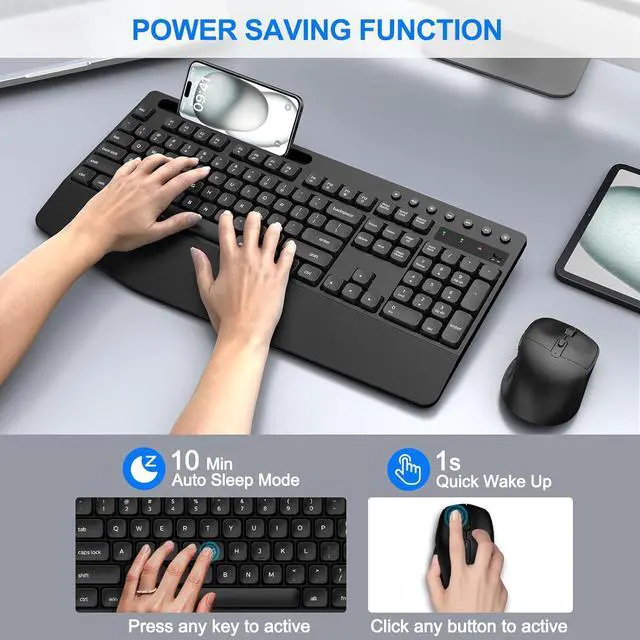 Alt view image 5 of 7 - EDJO Wireless Keyboard and Mouse Combo, Full-Size Ergonomic Wireless Computer Keyboard with Wrist Rest, Phone Holder, Sleep Mode, Comfortable Natural Typing Set for Windows, Laptop, Mac, PC