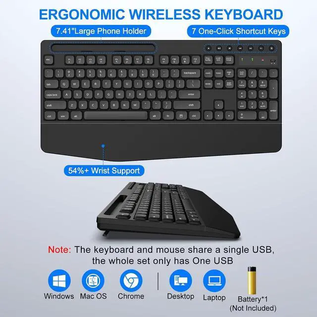 Alt view image 6 of 7 - EDJO Wireless Keyboard and Mouse Combo, Full-Size Ergonomic Wireless Computer Keyboard with Wrist Rest, Phone Holder, Sleep Mode, Comfortable Natural Typing Set for Windows, Laptop, Mac, PC