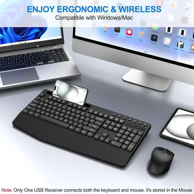 Alt view image 7 of 7 - EDJO Wireless Keyboard and Mouse Combo, Full-Size Ergonomic Wireless Computer Keyboard with Wrist Rest, Phone Holder, Sleep Mode, Comfortable Natural Typing Set for Windows, Laptop, Mac, PC