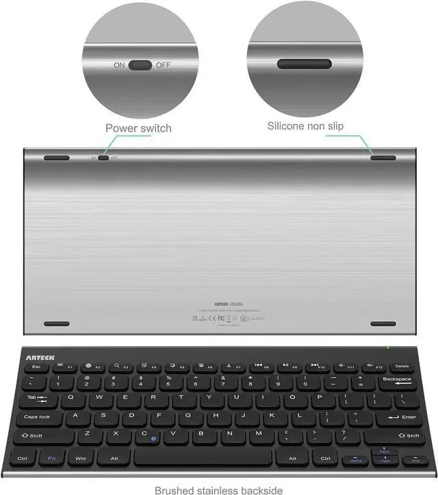 Alt view image 2 of 7 - Bluetooth Keyboard, Arteck Stainless Steel Universal Portable Wireless Bluetooth Keyboard for iOS iPad Air, Pro, iPad mini, Android, Windows Tablets PC Smartphone Built in Rechargeable Battery
