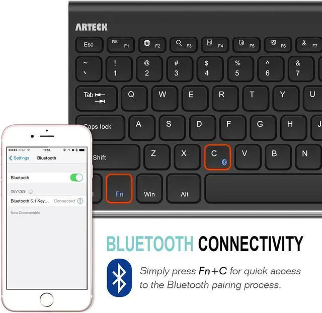 Alt view image 5 of 7 - Bluetooth Keyboard, Arteck Stainless Steel Universal Portable Wireless Bluetooth Keyboard for iOS iPad Air, Pro, iPad mini, Android, Windows Tablets PC Smartphone Built in Rechargeable Battery