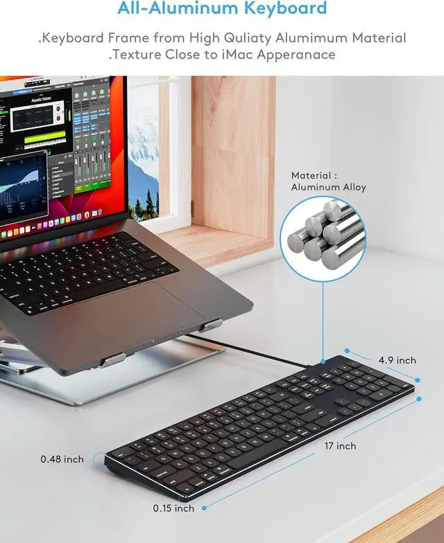 Alt view image 2 of 7 - Aluminum Wired Keyboard for Apple MAC Computer/iMac and MacBook Pro Notebook, 180CM Cable Connection USB Keyboard with Numerical Keypad Work as Magic Keyboard-Black