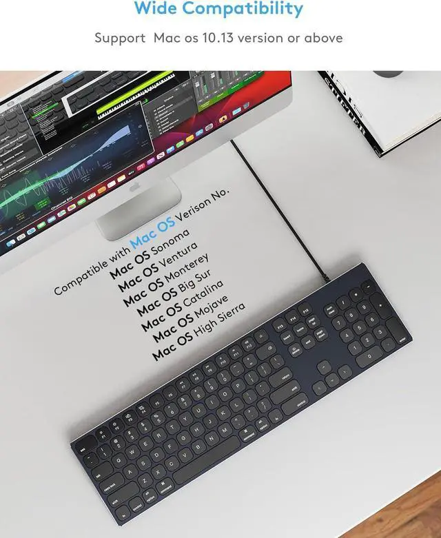 Alt view image 4 of 7 - Aluminum Wired Keyboard for Apple MAC Computer/iMac and MacBook Pro Notebook, 180CM Cable Connection USB Keyboard with Numerical Keypad Work as Magic Keyboard-Black