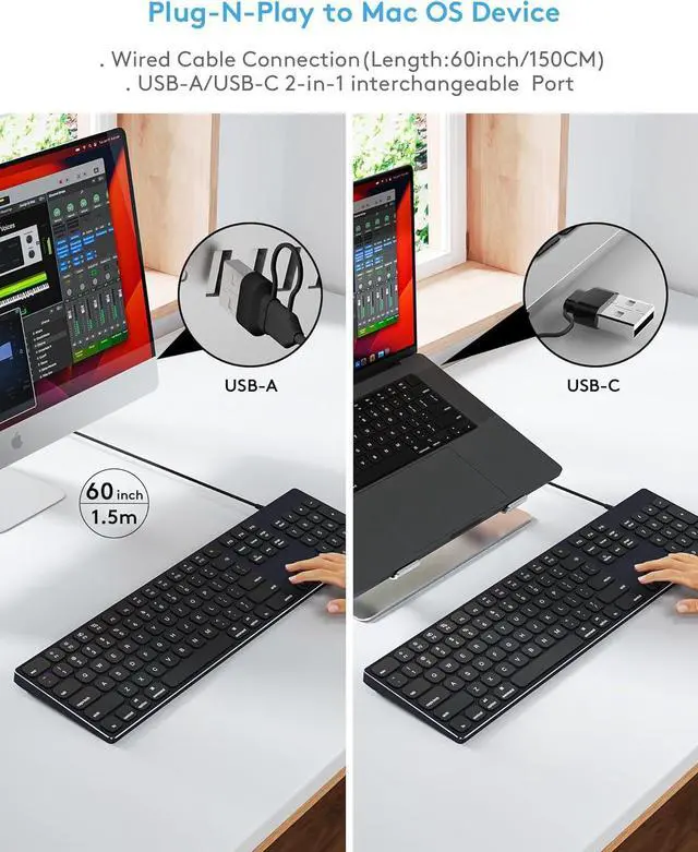 Alt view image 5 of 7 - Aluminum Wired Keyboard for Apple MAC Computer/iMac and MacBook Pro Notebook, 180CM Cable Connection USB Keyboard with Numerical Keypad Work as Magic Keyboard-Black