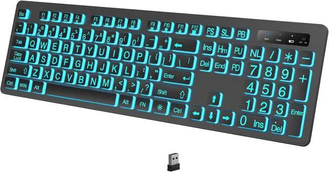 Main image of Large Print Backlit Wireless Keyboard, 2.4G Silent Wireless Light Up Keyboard, Full Size Computer Keyboards with 7 Colored Backlits, Rechargeable Keyboards for Windows, PC, Laptop