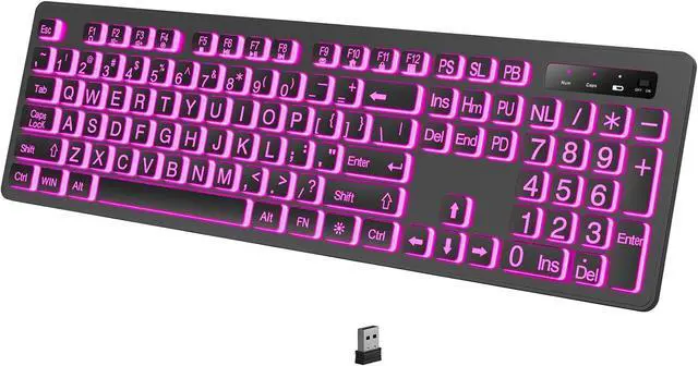 Main image of Large Print Backlit Wireless Keyboard, 2.4G Silent Wireless Light Up Keyboard, Full Size Computer Keyboards with 7 Colored Backlits, Rechargeable Keyboards for Windows, PC, Laptop (Large)