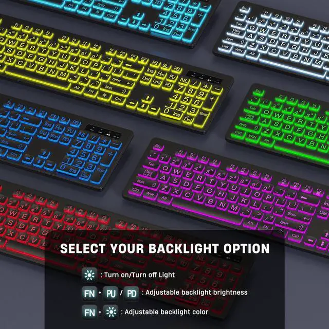 Alt view image 2 of 7 - Large Print Backlit Wireless Keyboard, 2.4G Silent Wireless Light Up Keyboard, Full Size Computer Keyboards with 7 Colored Backlits, Rechargeable Keyboards for Windows, PC, Laptop