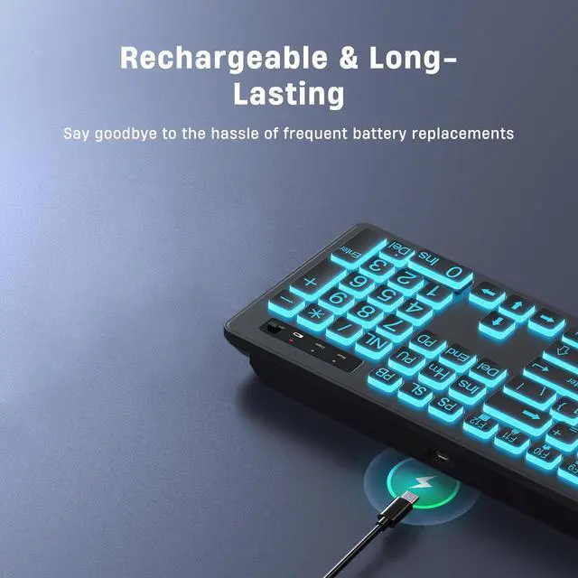 Alt view image 7 of 7 - Large Print Backlit Wireless Keyboard, 2.4G Silent Wireless Light Up Keyboard, Full Size Computer Keyboards with 7 Colored Backlits, Rechargeable Keyboards for Windows, PC, Laptop