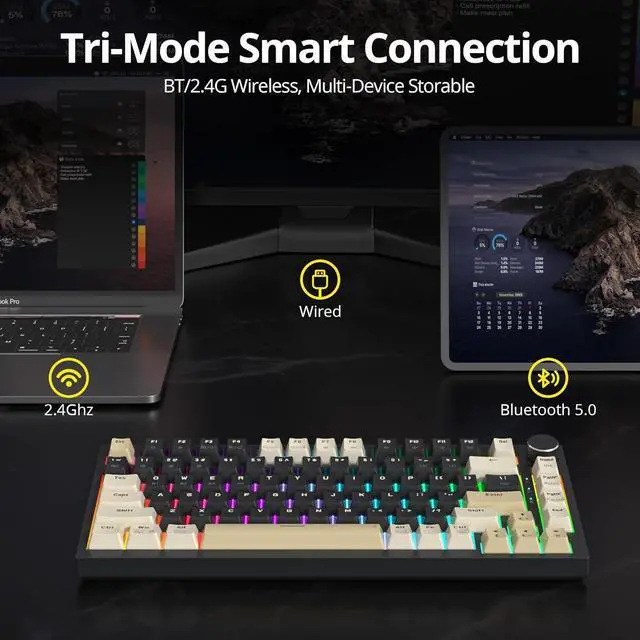 Alt view image 2 of 7 - 82 Keys Wireless Gaming Keyboard 75 Percent,Triple Mode Bluetooth/2.4Ghz/USB Pre-lubed Hot Swappable Mechanical Keyboard, w/Knob&Sound-Absorbing Pads,4000mAh Battery for Mac/Win (Black)