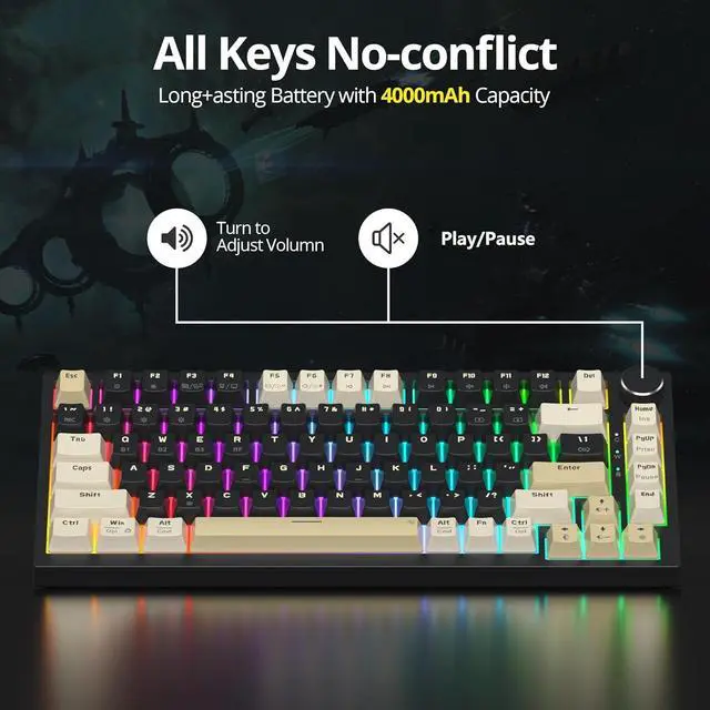 Alt view image 5 of 7 - 82 Keys Wireless Gaming Keyboard 75 Percent,Triple Mode Bluetooth/2.4Ghz/USB Pre-lubed Hot Swappable Mechanical Keyboard, w/Knob&Sound-Absorbing Pads,4000mAh Battery for Mac/Win (Black)