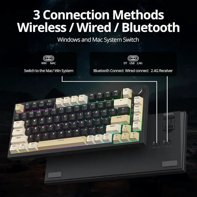 Alt view image 6 of 7 - 82 Keys Wireless Gaming Keyboard 75 Percent,Triple Mode Bluetooth/2.4Ghz/USB Pre-lubed Hot Swappable Mechanical Keyboard, w/Knob&Sound-Absorbing Pads,4000mAh Battery for Mac/Win (Black)