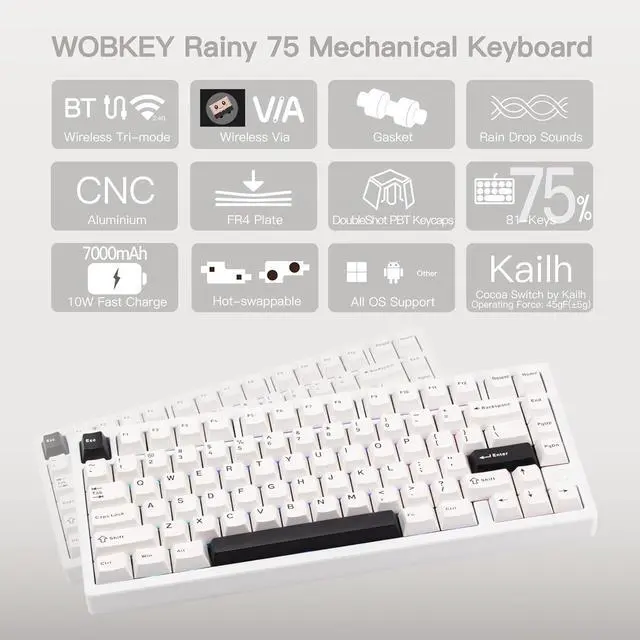 Alt view image 2 of 6 - KEEBMONKEY WOBKEY Rainy 75 Aluminum Violet/Cocoa Switches Mechanical Keyboard with Superior Acoustics, Wired, BT, 2.4G Wireless Connectivity, RGB/FR4/Silver SUS304/7000mAh/Cocoa Switch (Pro - Luna)