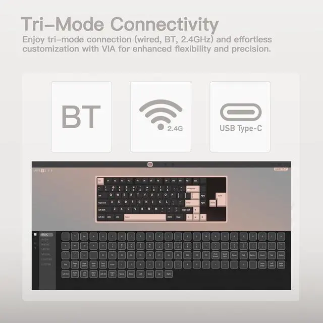 Alt view image 5 of 6 - KEEBMONKEY WOBKEY Rainy 75 Aluminum Violet/Cocoa Switches Mechanical Keyboard with Superior Acoustics, Wired, BT, 2.4G Wireless Connectivity, RGB/FR4/Silver SUS304/7000mAh/Cocoa Switch (Pro - Luna)