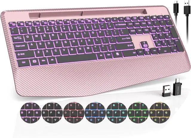 Main image of Wireless Keyboard with 7 Colored Backlits, Wrist Rest, Phone Holder, Rechargeable Ergonomic Computer Keyboard with Silent Keys, Full Size Lighted Keyboard for Windows, MacBook, PC, Laptop