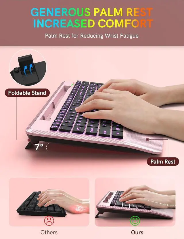 Alt view image 3 of 7 - Wireless Keyboard with 7 Colored Backlits, Wrist Rest, Phone Holder, Rechargeable Ergonomic Computer Keyboard with Silent Keys, Full Size Lighted Keyboard for Windows, MacBook, PC, Laptop