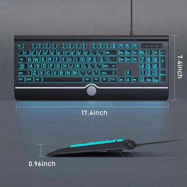 Alt view image 3 of 7 - Backlit Large Print Keyboard, Wired Light Up Keyboards with 7-Color Backlit, Wrist Rest, Oversize Letters Keys Easy to See and Type, Corded Full-Size Keyboard for Windows Desktop, Laptop, PC, Gaming