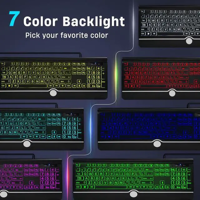 Alt view image 2 of 7 - Backlit Large Print Keyboard, Wired Light Up Keyboards with 7-Color Backlit, Wrist Rest, Oversize Letters Keys Easy to See and Type, Corded Full-Size Keyboard for Windows Desktop, Laptop, PC, Gaming