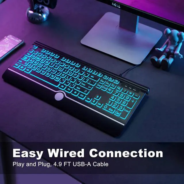 Alt view image 7 of 7 - Backlit Large Print Keyboard, Wired Light Up Keyboards with 7-Color Backlit, Wrist Rest, Oversize Letters Keys Easy to See and Type, Corded Full-Size Keyboard for Windows Desktop, Laptop, PC, Gaming