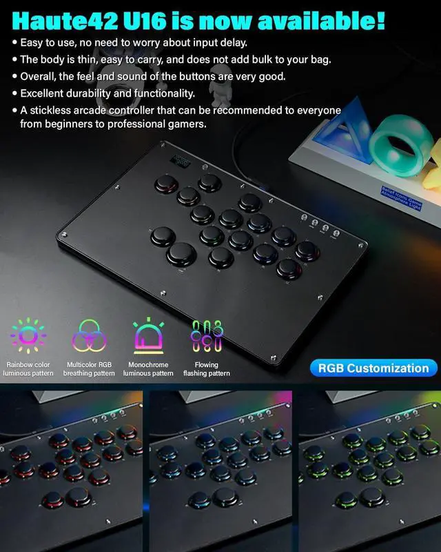 Alt view image 2 of 7 - Sehawei Haute42 Arcade Stick U16 All-Button Gamerfinger with Custom RGB & Turbo Functions,Arcade Controller Street Fight for PC/Ps3/Ps4/Switch/Steam Game Keyboard-Supports Hot Swap & SOCD