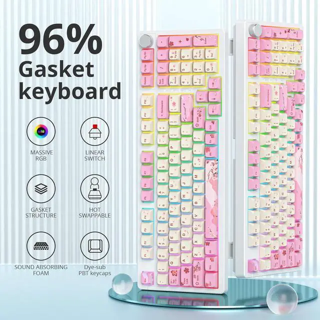 Alt view image 2 of 6 - Pink Creamy Keyboard with with Number Pad, 96% RGB Mechanical Keyboard Full Gasket Mounted Hot Swappable Custom Wired Thocky Keyboard with Knob for Office Gamer (98 Ying)