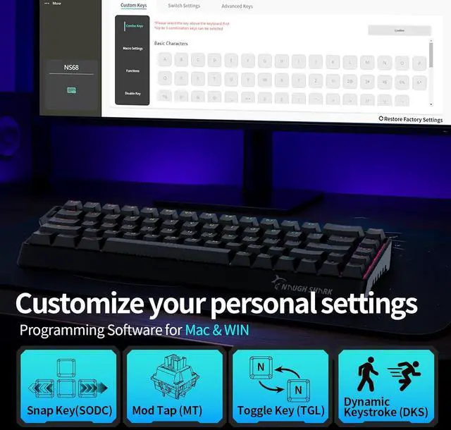 Alt view image 5 of 7 - GK GAMAKAY x NaughShark NS68 Hall Effect Rapid Trigger Wireless Gaming Keyboard, Bluetooth/USB-C/2.4GHz 8KHz Polling Rate 0.01mm RT,Outemu Peach Crystal Magnetic Switch Keyboard (White-Shine Through)