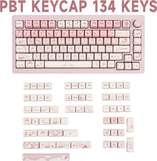 Alt view image 2 of 7 - COOMICKEY Cute Cat Keycaps, Pink White PBT Keycaps Mao Profile 134 Keys, Dye-Sublimation Key caps Set Compatible with 60% 75% 96% 100% Cherry Gateron MX Switches Mechanical Gaming Keyboard
