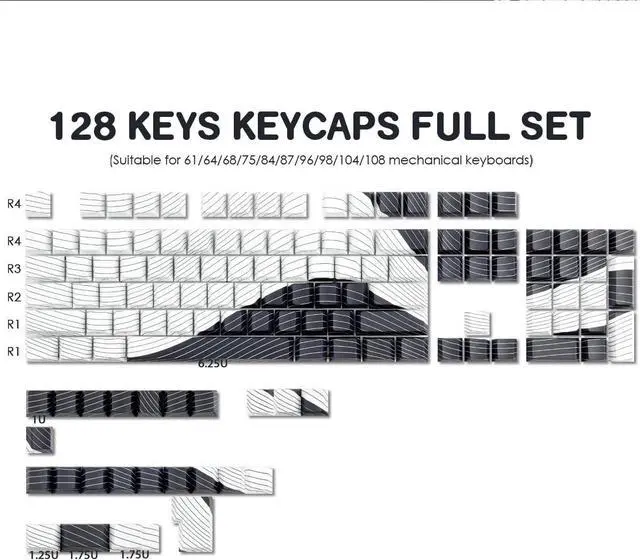 Alt view image 2 of 7 - Tsungup PBT Keycaps,White & Black Topographic 128 Keys Shine Through Side Printed Keycaps 75 Percent,Dye-Sub Custom Cool Keycap Set Cherry Profile Key caps for Gateron MX Switches Mechanical Keyboard