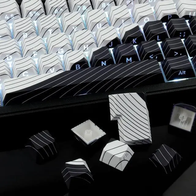 Alt view image 6 of 7 - Tsungup PBT Keycaps,White & Black Topographic 128 Keys Shine Through Side Printed Keycaps 75 Percent,Dye-Sub Custom Cool Keycap Set Cherry Profile Key caps for Gateron MX Switches Mechanical Keyboard