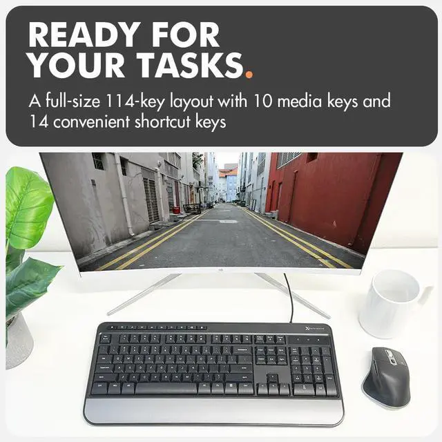 Alt view image 5 of 7 - X9 Wired Keyboard - Comfortable Typing - Ergonomic Full Size USB Keyboard with Wrist Rest, Number Pad, Multimedia and 114 Keys - External Computer Keyboard for Laptop, Desktop and Office PC
